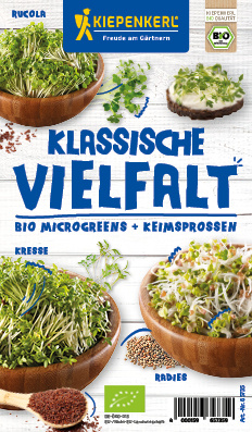Verschiedene Bio Microgreens in Schalen, Kresse, Radieschen, Kresse, Keimsprossen, Samen, Gewächse, Garten.