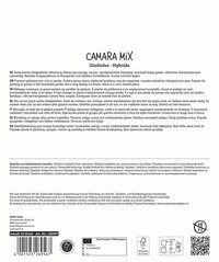 Informationstext und Produktbeschreibung in mehreren Sprachen, Markenname, Barcode, Zertifizierungen und Logos.