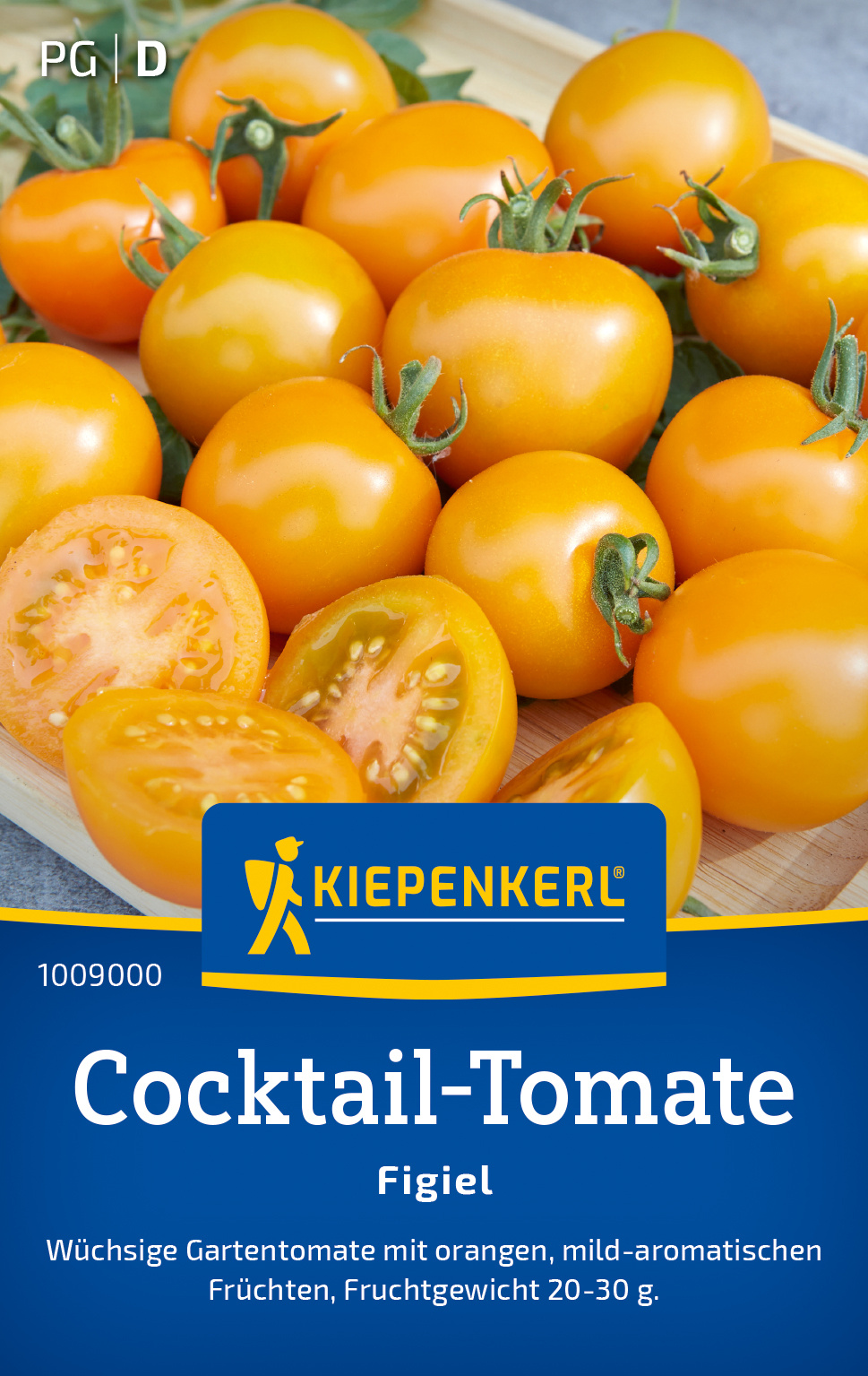 Gelbe Cocktail-Tomaten auf einem Holzbrett, zu einer Packung Kiepenkerl geordnet.