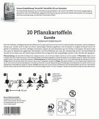 Anleitung mit Text, Diagramm und Recyclingsymbols für den Anbau von Pflanzkartoffeln der Sorte Gunda.