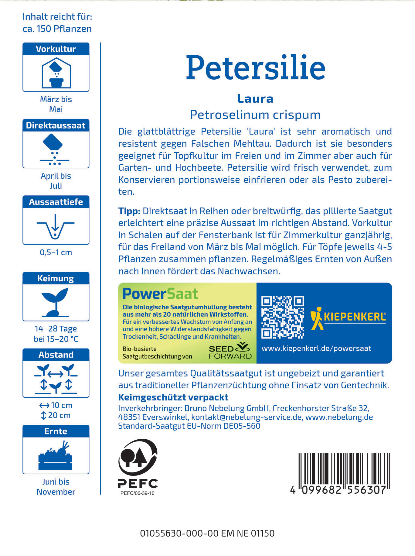 Petersilie Laura, Blattpflanze, Wasserstandsanleitung, QR-Code, Logo, Barcode, Pflanzhinweise und Herstellerangaben.