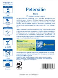 Petersilie Laura, Blattpflanze, Wasserstandsanleitung, QR-Code, Logo, Barcode, Pflanzhinweise und Herstellerangaben.
