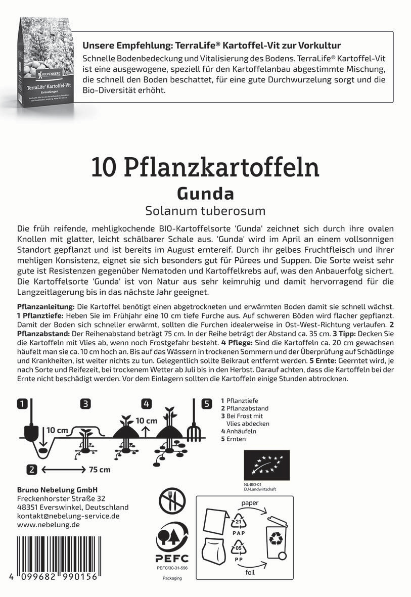 Text und Symbole zur Pflanzung von 10 Gunda Kartoffelsorten, inklusive Anleitungen und Recycling-Icons.