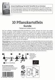 Text und Symbole zur Pflanzung von 10 Gunda Kartoffelsorten, inklusive Anleitungen und Recycling-Icons.