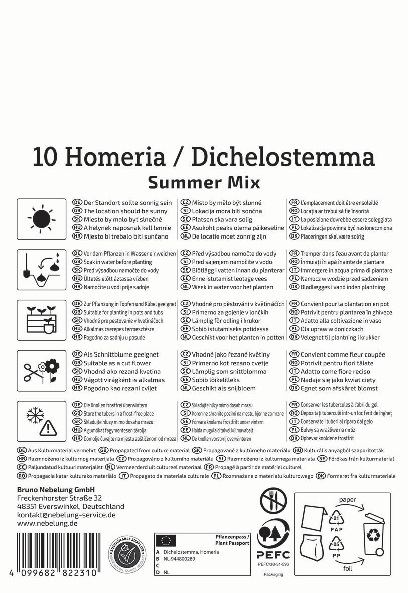 Anleitungssymbole, Produktbeschreibung, Barcode, Adresse, Logos, Pflanzpass, Recycling- und Umweltinformationen.