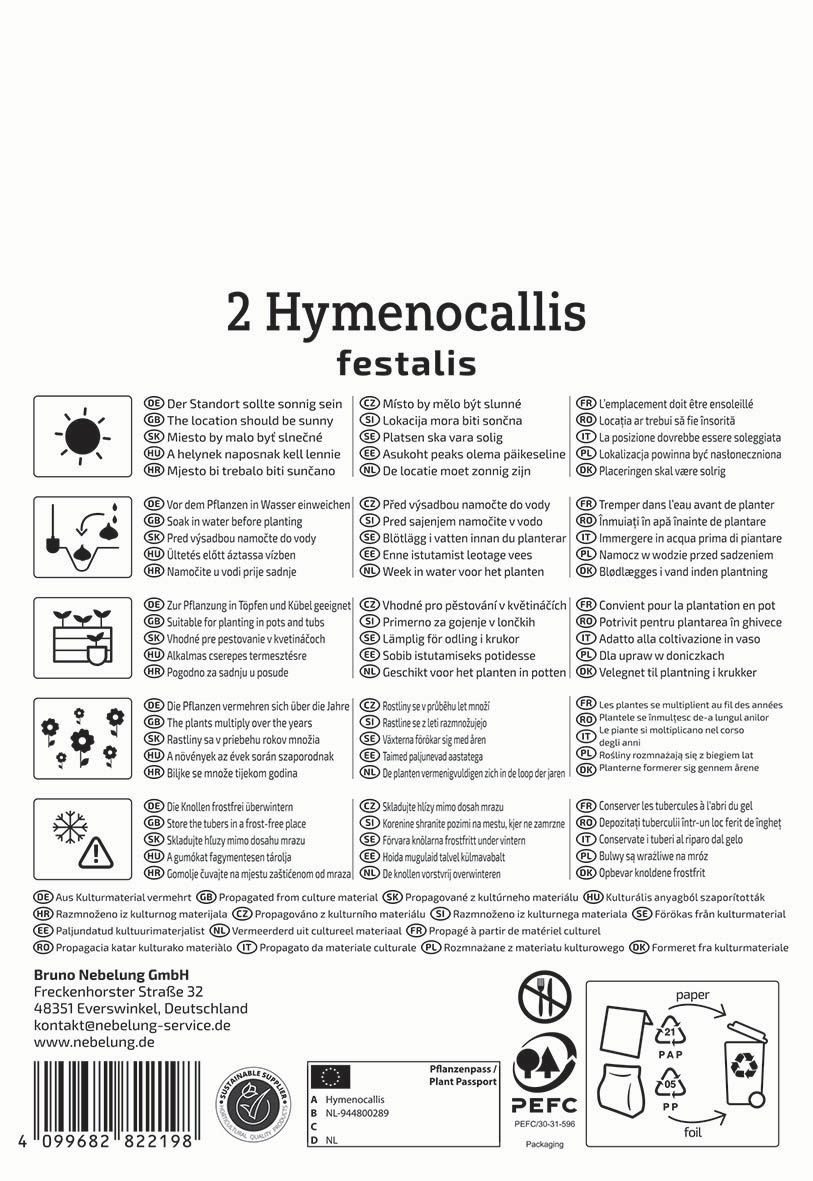Text with plant care instructions and symbols for planting, watering, location, and disposal in multiple languages.