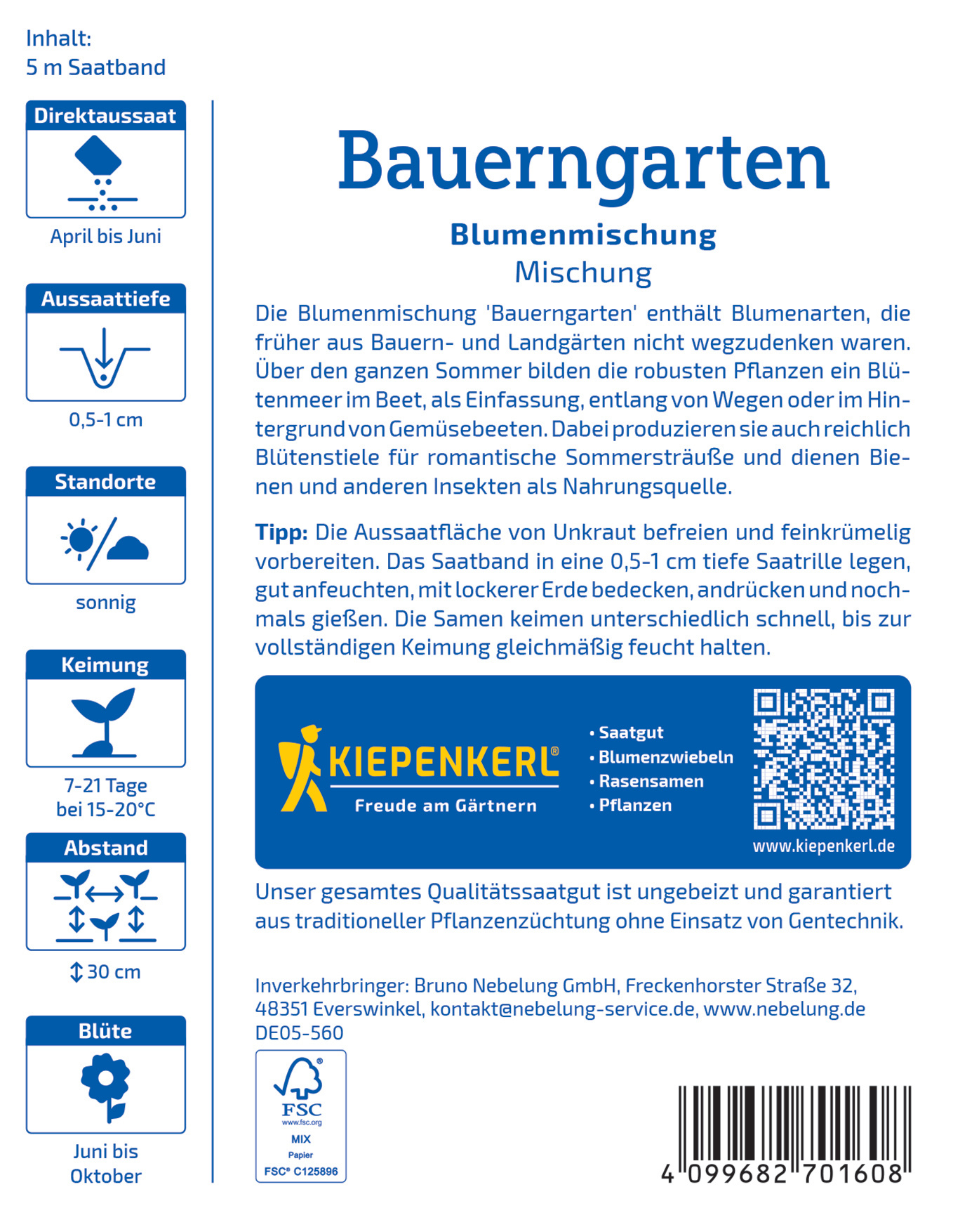 Bauerngarten Blumensamen Mischung, Sonnenstandort, Keimdauer 7-21 Tage, Blüte Juni bis Oktober, 30 cm hoch, FSC zertifiziert.