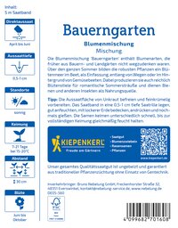 Bauerngarten Blumensamen Mischung, Sonnenstandort, Keimdauer 7-21 Tage, Blüte Juni bis Oktober, 30 cm hoch, FSC zertifiziert.