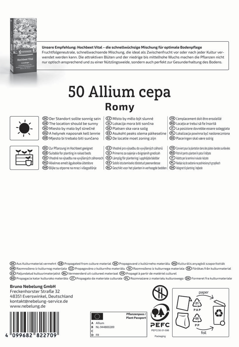 Text auf der Verpackung für Allium cepa Romy, mit Anweisungen auf mehreren Sprachen, Symbolen für Verpackung und Nachhaltigkeit.