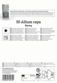 Text auf der Verpackung für Allium cepa Romy, mit Anweisungen auf mehreren Sprachen, Symbolen für Verpackung und Nachhaltigkeit.