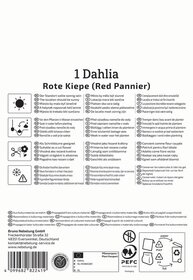 Anleitungstafel für Dahlia Rote Kieppe, Sonne, Wasser, Schneiden, Topf, Pflanze, Frostschutz, Kulturmaterial, Kontaktinformationen, Symbole.