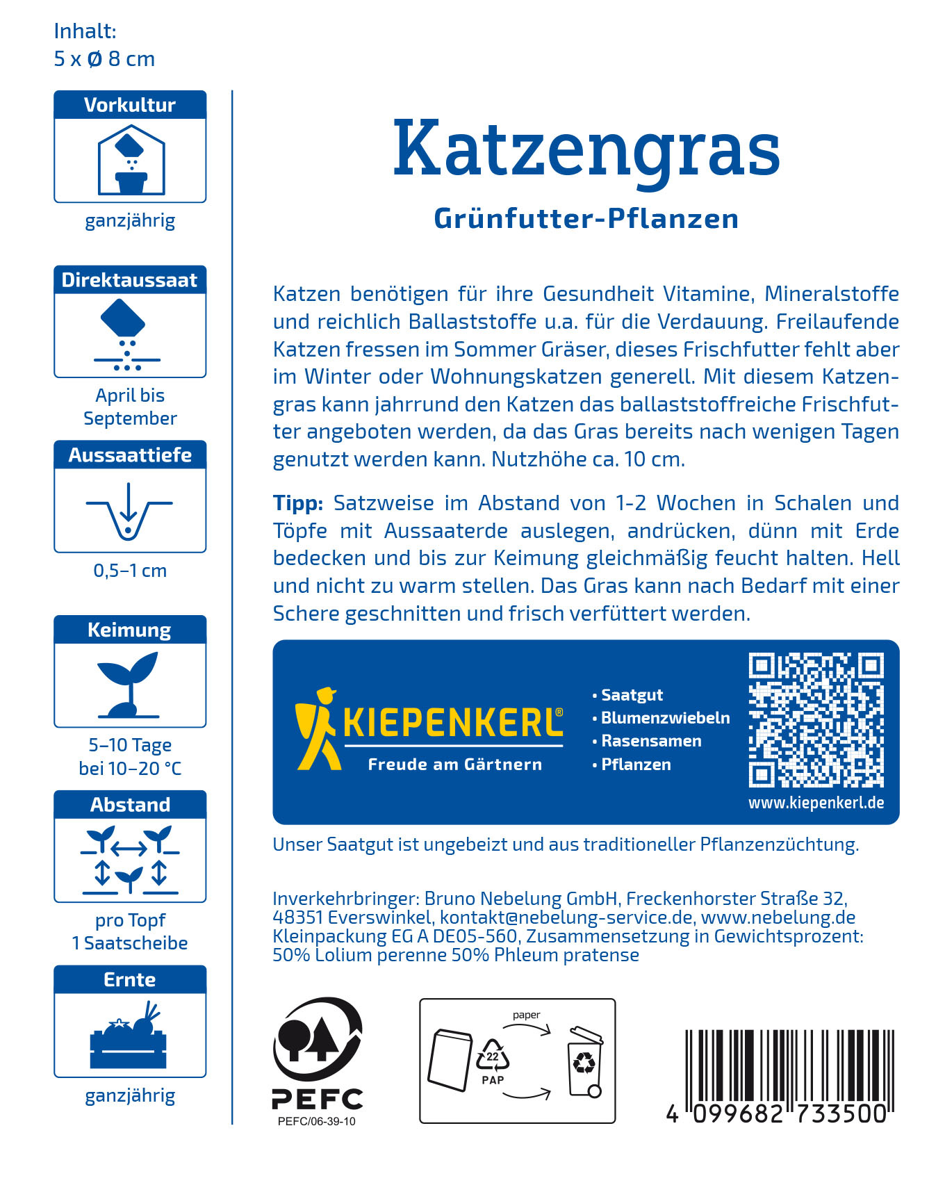 Katzengrassamen Frischgrün Mischung, Saatscheibe