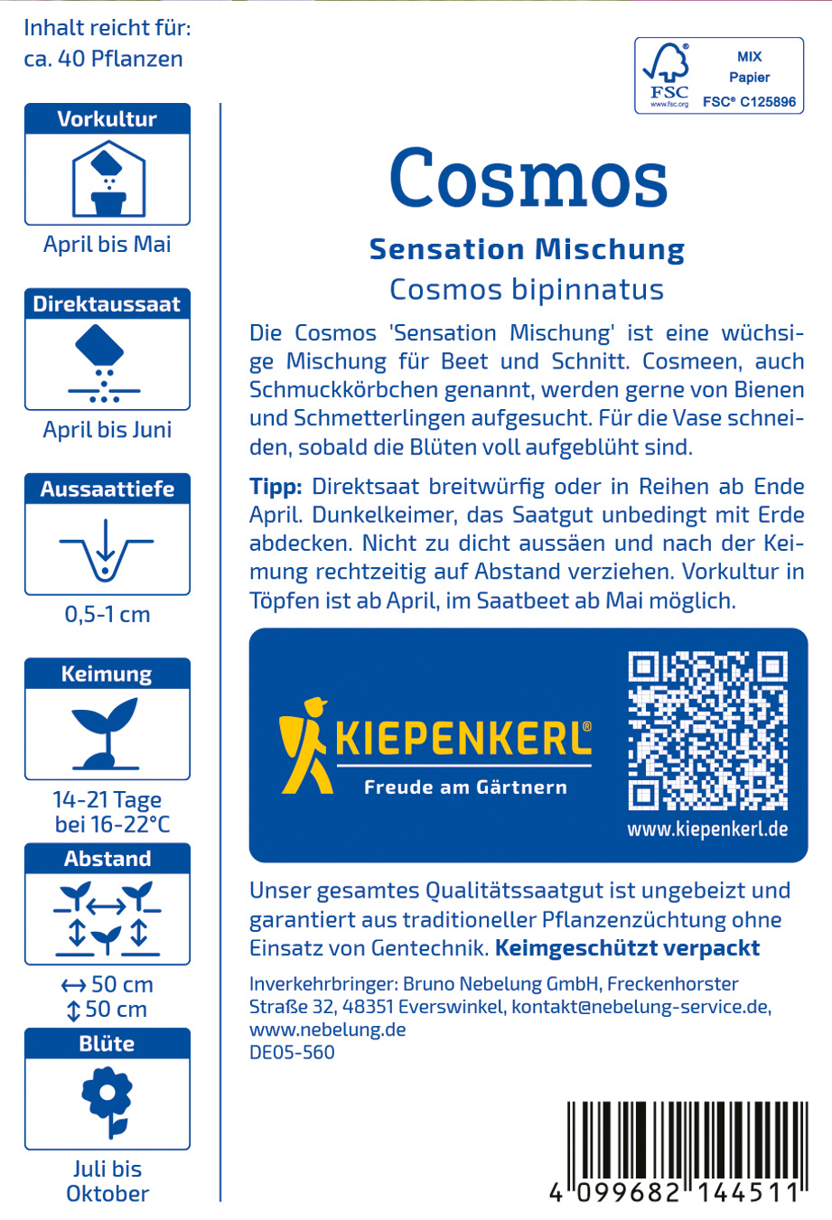 Weiße Verpackung mit blauer Schrift, QR-Code und Pflanzensymbol, enthält Produktinformationen für Saatgut.
