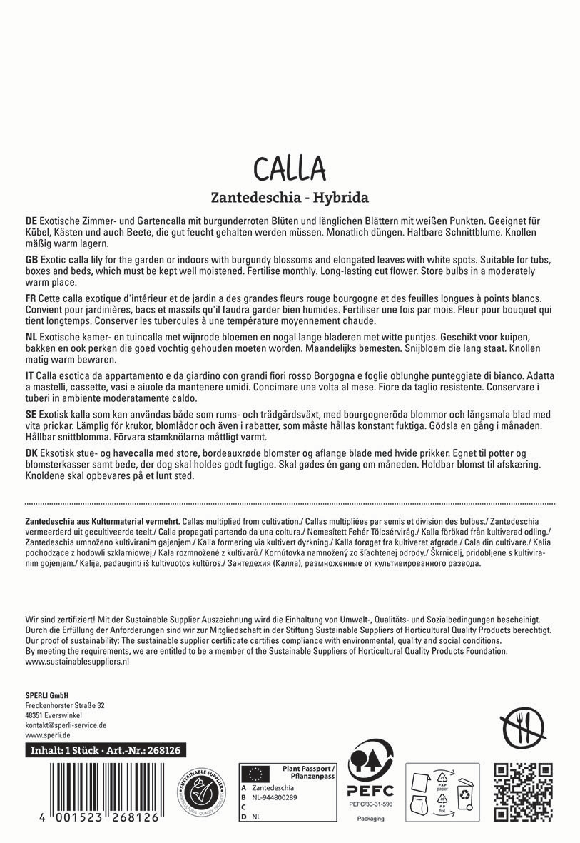 Textbeschreibung der Verpackungsrückseite mit Informationen zu Calla Zantedeschia, einschließlich Pflege, Herkunft und Zertifizierung.