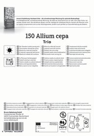Samentyp-Nummer 150 Allium cepa Trio, europäisches Hygiene- und Verpackungssymbol, Pflanzenschutzpass.