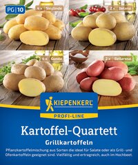 Verschiedene Sorten Grillkartoffeln, darunter Sieglinde, Belana, Gunda und Bellarosa, auf Holztisch.