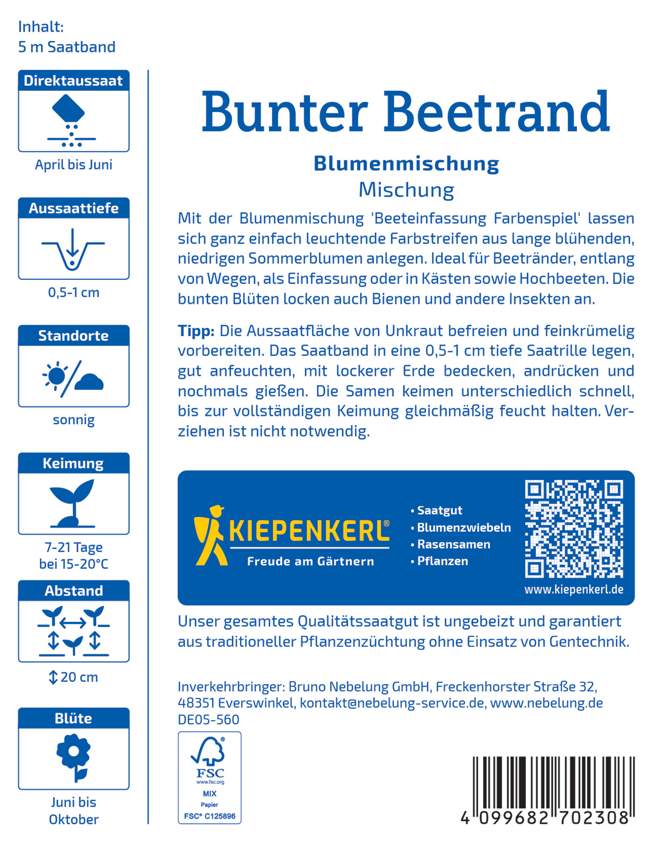 Bunte Blumenmischung mit Blumen, Saatgut, Pflanzen, in einem blauen Karton, Quelle Kiepenkerl