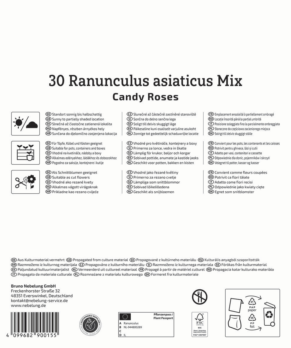 Pflanzenpass mit Informationen zu 30 Ranunculus asiaticus Mix Candy Roses, Symbole, Adresse, Barcode, Recycling.