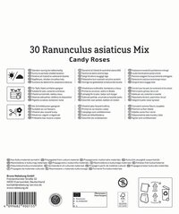 Pflanzenpass mit Informationen zu 30 Ranunculus asiaticus Mix Candy Roses, Symbole, Adresse, Barcode, Recycling.