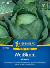 Brauner Kohlkopf mit großen, grünen Blättern, Verpackung mit blauer und gelber Beschriftung, Kategorie Kopfkohl.
