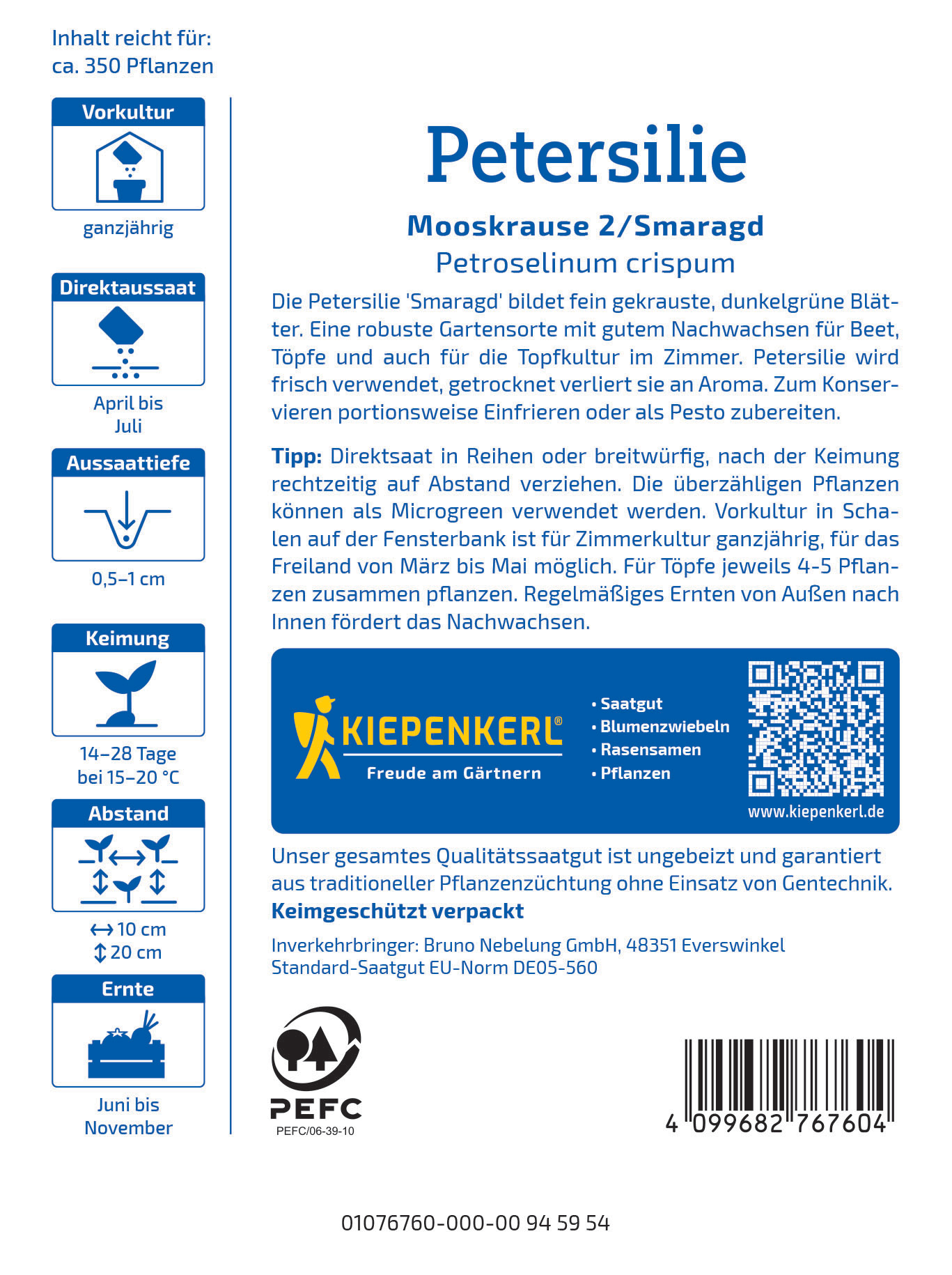 Petersilie im Paket mit Angaben zu Anbau, Erntezeit, Abstand und Verwendung.