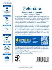 Petersilie im Paket mit Angaben zu Anbau, Erntezeit, Abstand und Verwendung.
