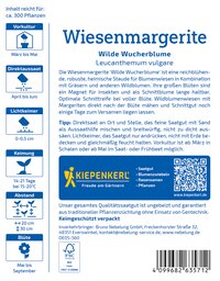 Informationsblatt über Wiesenmargerite mit Text, Symbole, QR-Code, Barcode, Firmenlogo und Kontaktangaben.