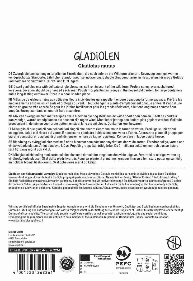 Text auf dem Bild beschreibt die Gladiolenzucht und Pflege in mehreren Sprachen.