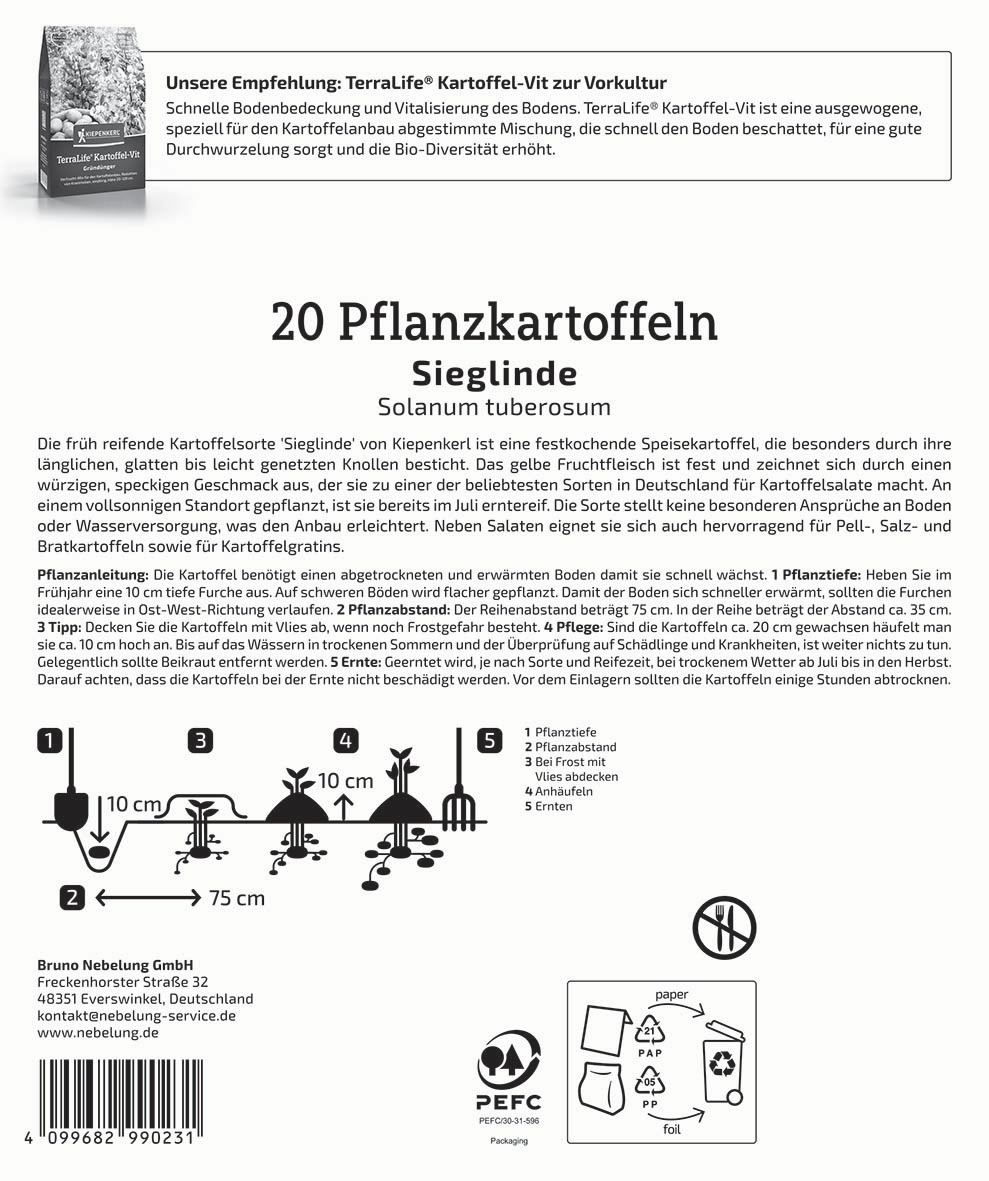 Anleitung mit Diagramm für das Pflanzen von Kartoffeln, inklusive Pflanztiefen, Abstand und Pflege.