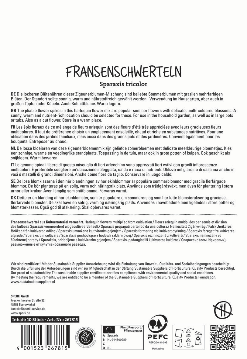 Text auf der Verpackung mit verschiedenen Sprachen und Symbolen, Bild ist nicht sichtbar.