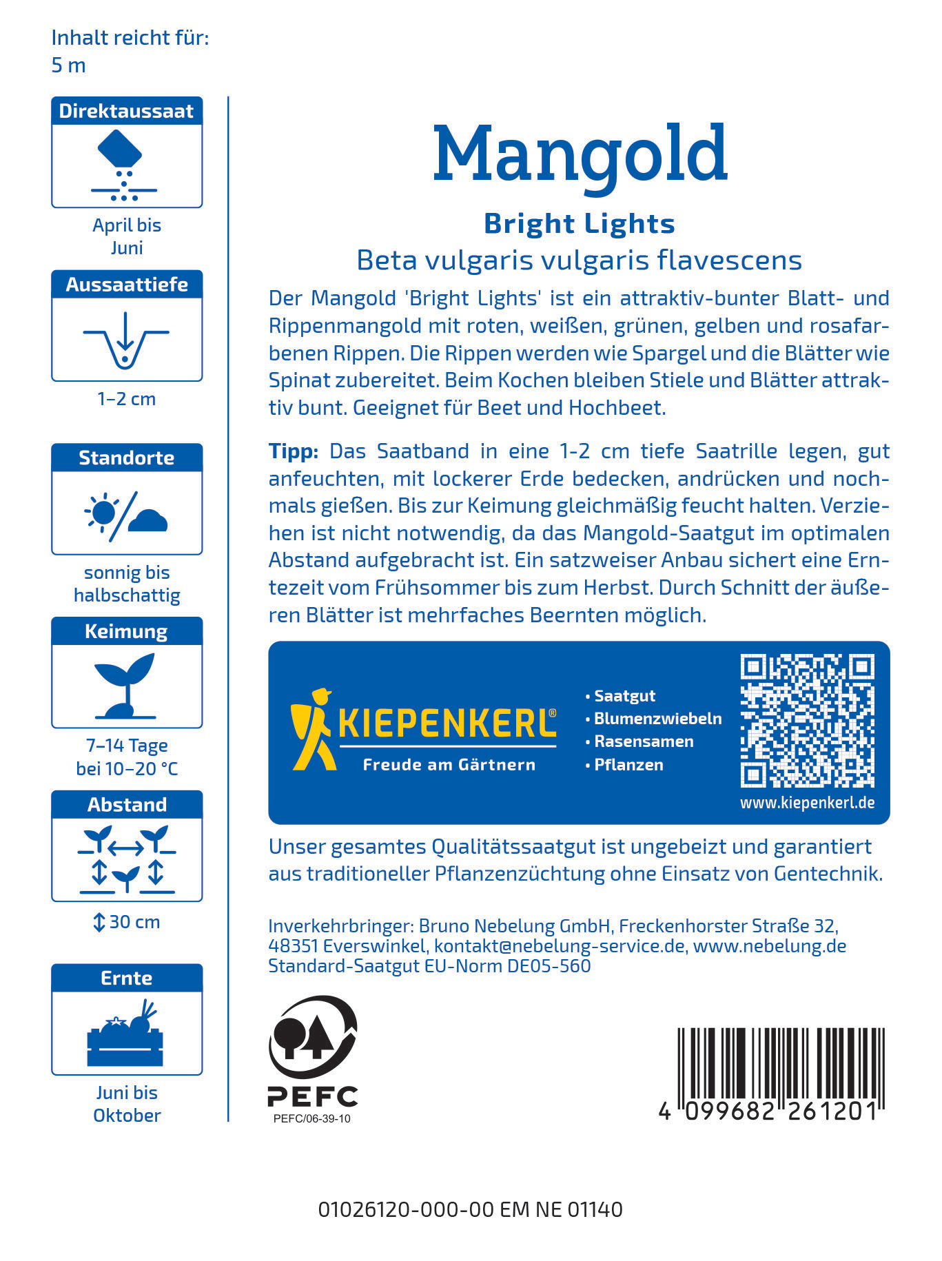 Paket mit Samen für Mangold Bright Lights mit bunten Blättern und Rippen, QR-Code, Logo, Textinfos und Barcode.