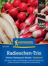 Radieschen, weiße und roter Radieschen, auf dunklem Boden, Verpackung mit blauer Beschriftung.