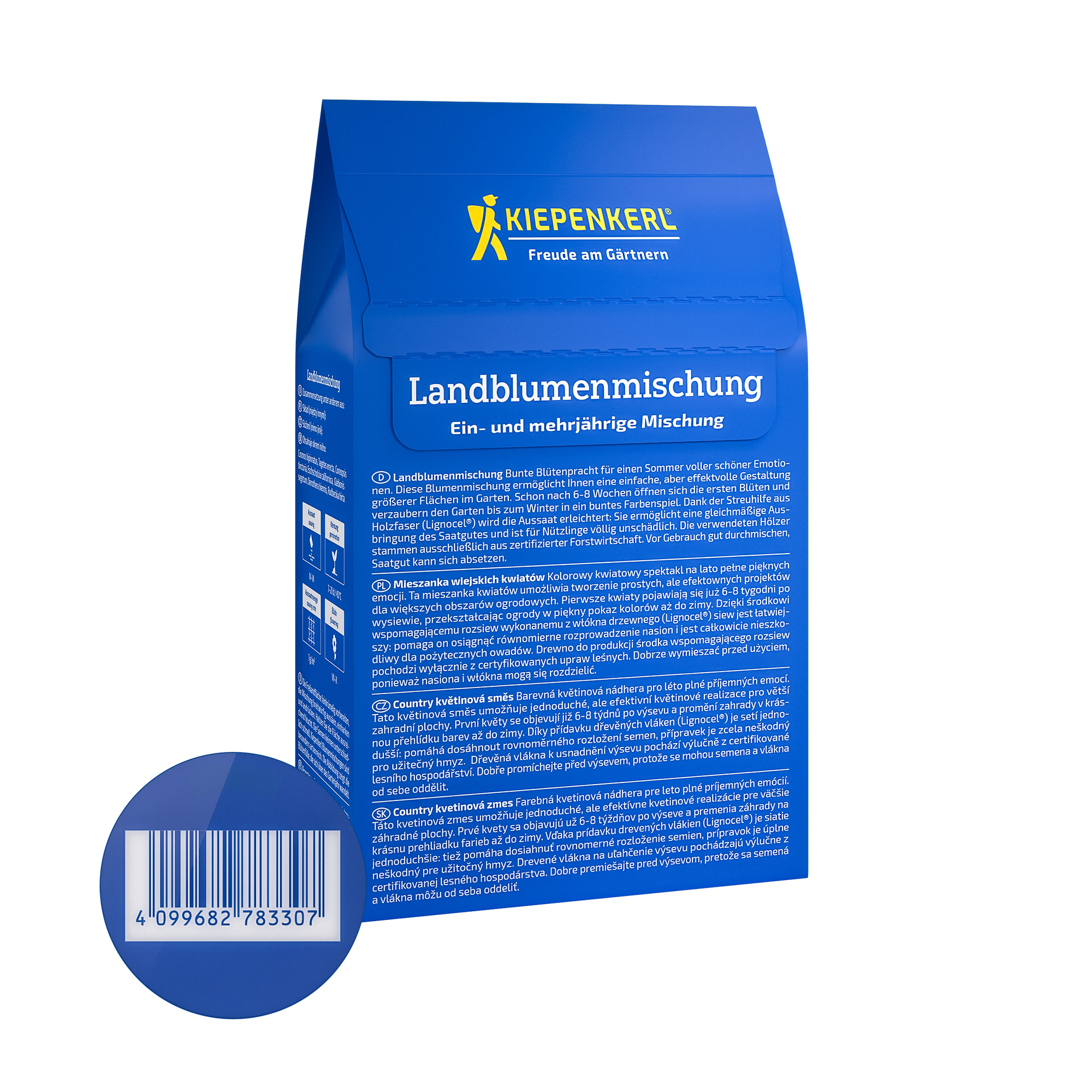 Blaues Verpackungspaket mit gelbem Logo, weißer und blauer Beschriftung, Barcode im Vordergrund.