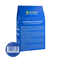 Blaues Verpackungspaket mit gelbem Logo, weißer und blauer Beschriftung, Barcode im Vordergrund.