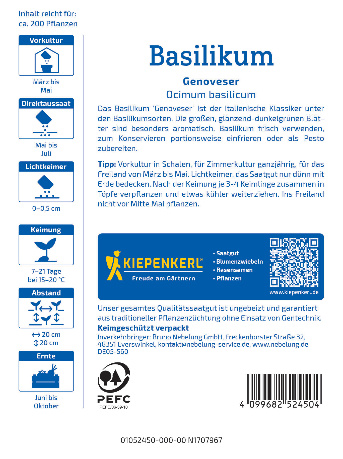 Pflanzenetikett mit Anbauhinweisen für Basilikum, inklusive Tipps, Anzuchtzeit und -ort, Marke Kiepenkerl.