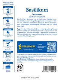 Pflanzenetikett mit Anbauhinweisen für Basilikum, inklusive Tipps, Anzuchtzeit und -ort, Marke Kiepenkerl.