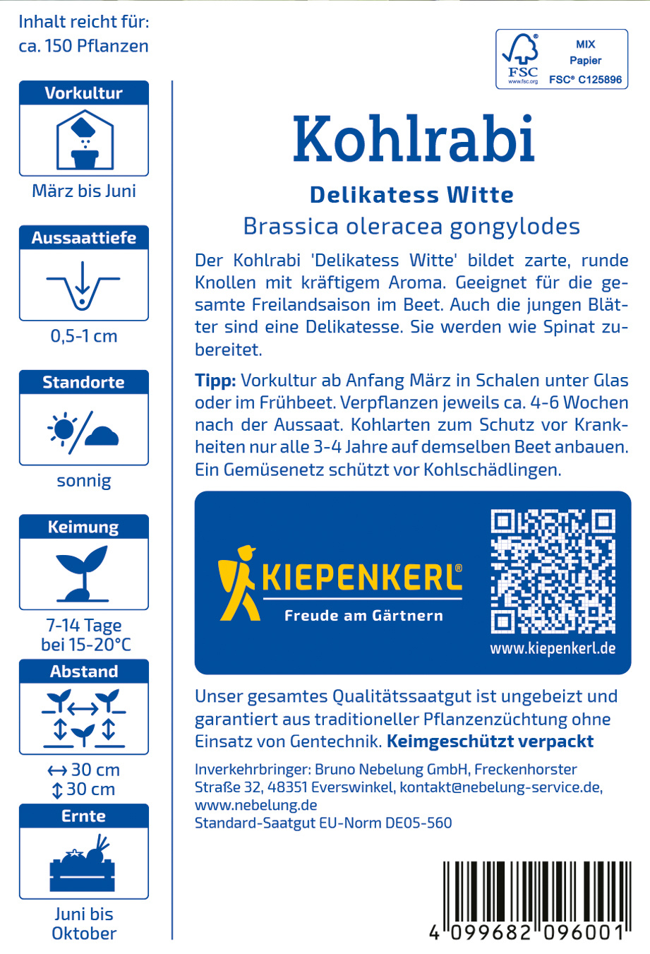 Pflanzenetikett für Kohlrabi, Delikatess Witte, mit Beschreibung, Anbauhinweisen und Logo.