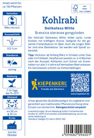 Pflanzenetikett für Kohlrabi, Delikatess Witte, mit Beschreibung, Anbauhinweisen und Logo.