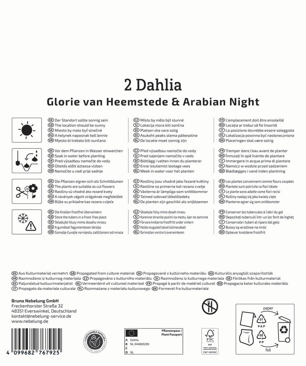 Anleitungstafel mit Pflanzenpflege- und Frostschutzsymbolen auf Deutsch, Englisch, Tschechisch, Slowakisch, Schwedisch, Niederländisch, Französisch, Italienisch, Polnisch, Dänisch.