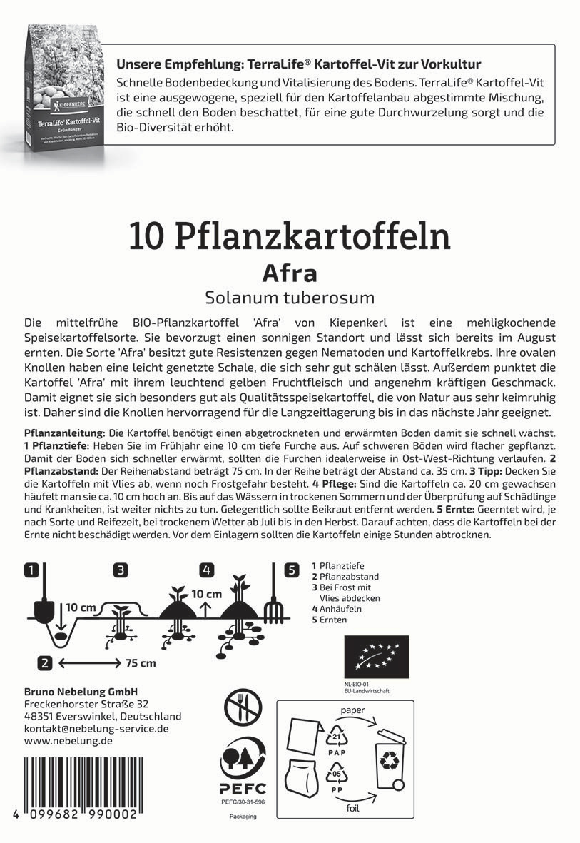 Pflanzanleitung, Diagramm, Symbol für Bio-Produkt, Recycling-Symbole, Verpackungshinweise, Barcode.