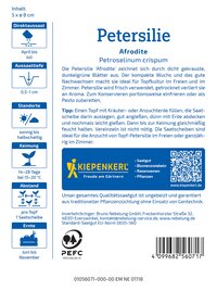 Petersilie 'Afrodite' in einem Beutel, mit Text und QR-Code, blaue Gestaltung, Markenlogo Kiepenkerl.