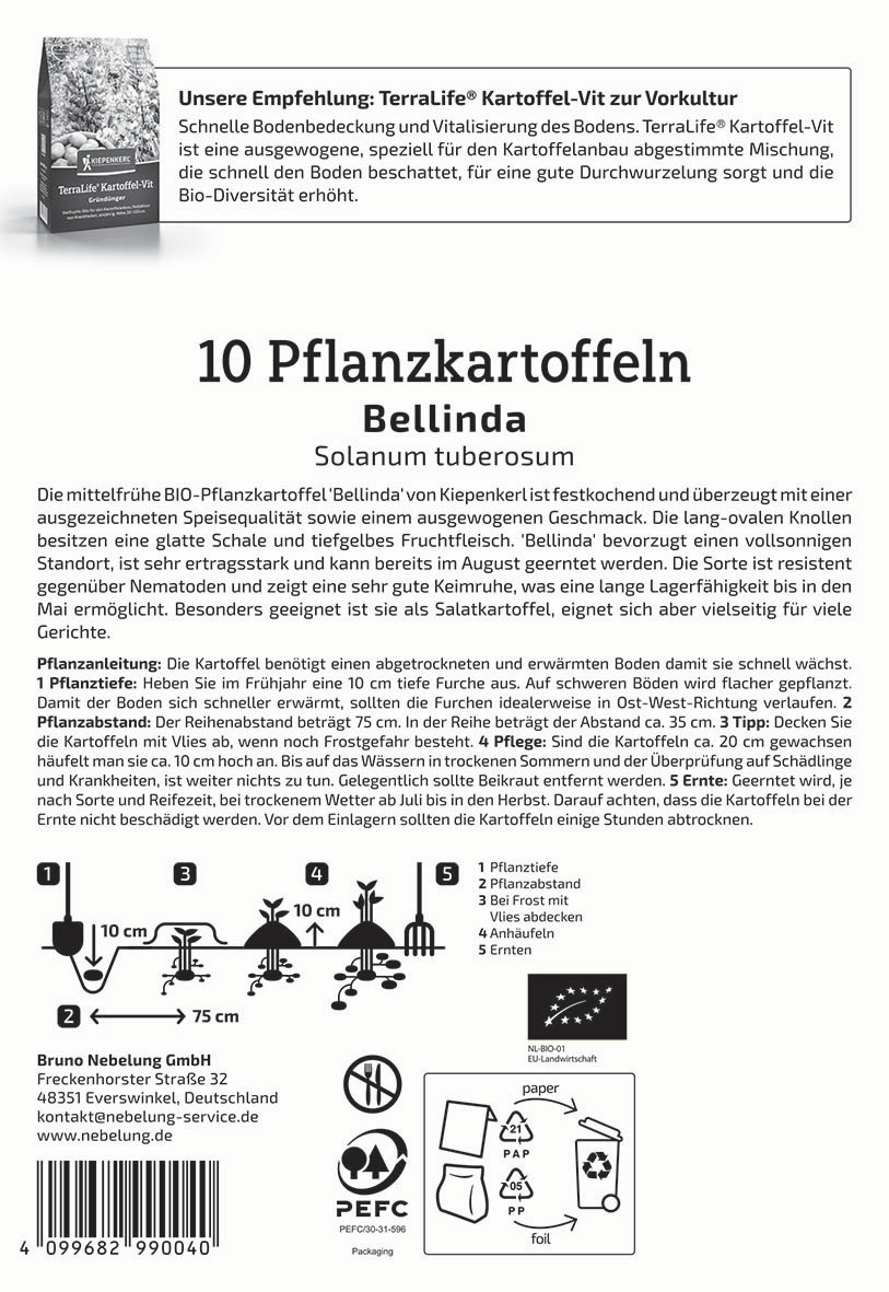 Anleitung und Diagramme zur Anpflanzung von 10 Bellinda Kartoffeln, darunter Pflanzabstände und Pflege.