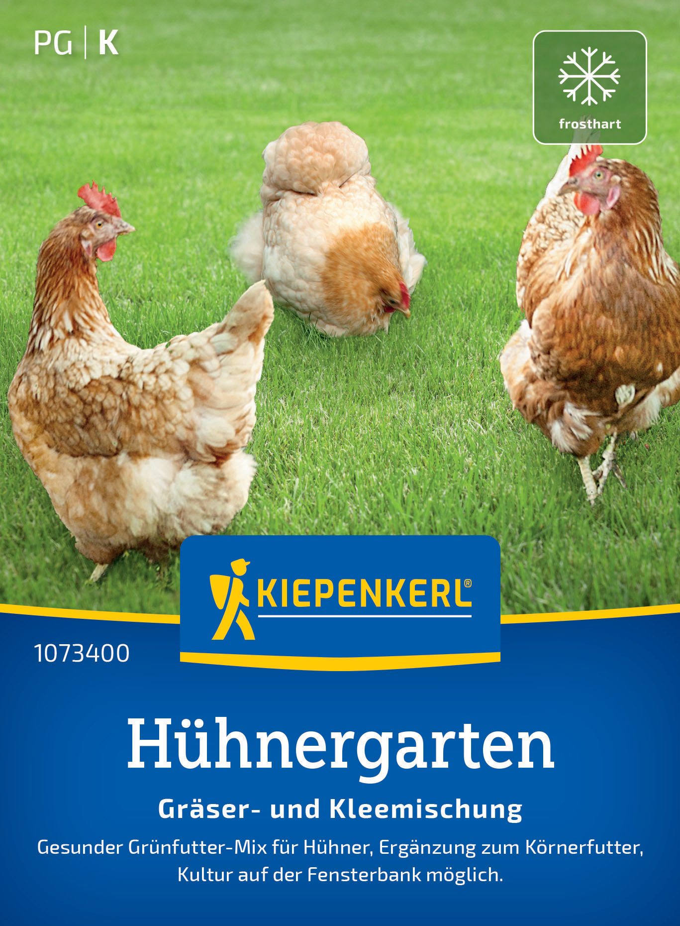 Drei Hühner auf grünem Gras, eines sitzt, zwei stehen, im Hintergrund ein Frosthart-Logo.