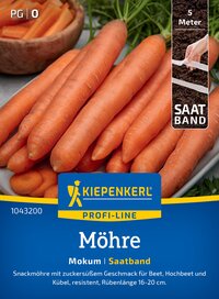 Möhren liegen auf einer Platte, eine Packung mit blauer und gelber Beschriftung, Marke Kiepenkerl, daneben ein Etikett mit Maßangabe.