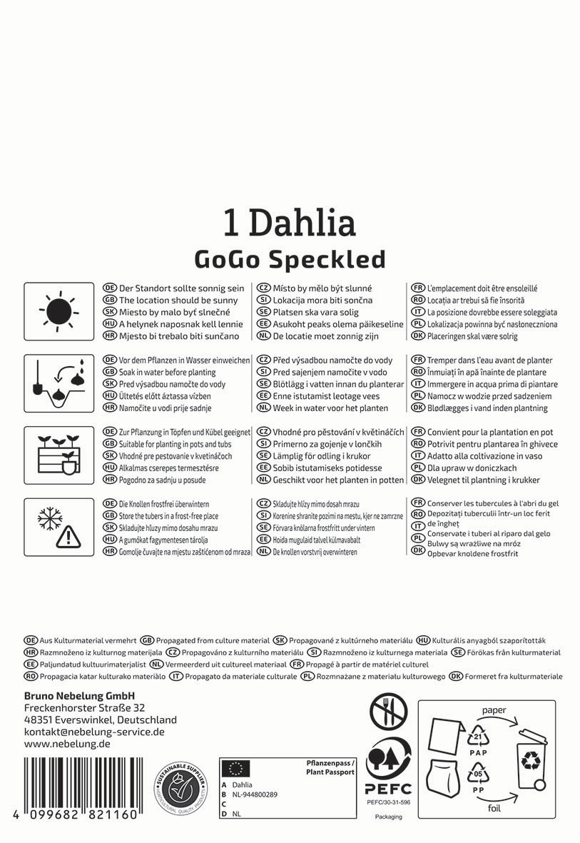 Text mit Pflegenutzungshinweisen für eine Dahlia, inklusive Symbole und Herstellerinformationen.