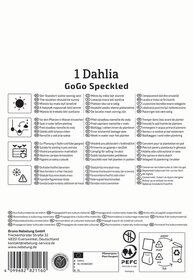 Text mit Pflegenutzungshinweisen für eine Dahlia, inklusive Symbole und Herstellerinformationen.