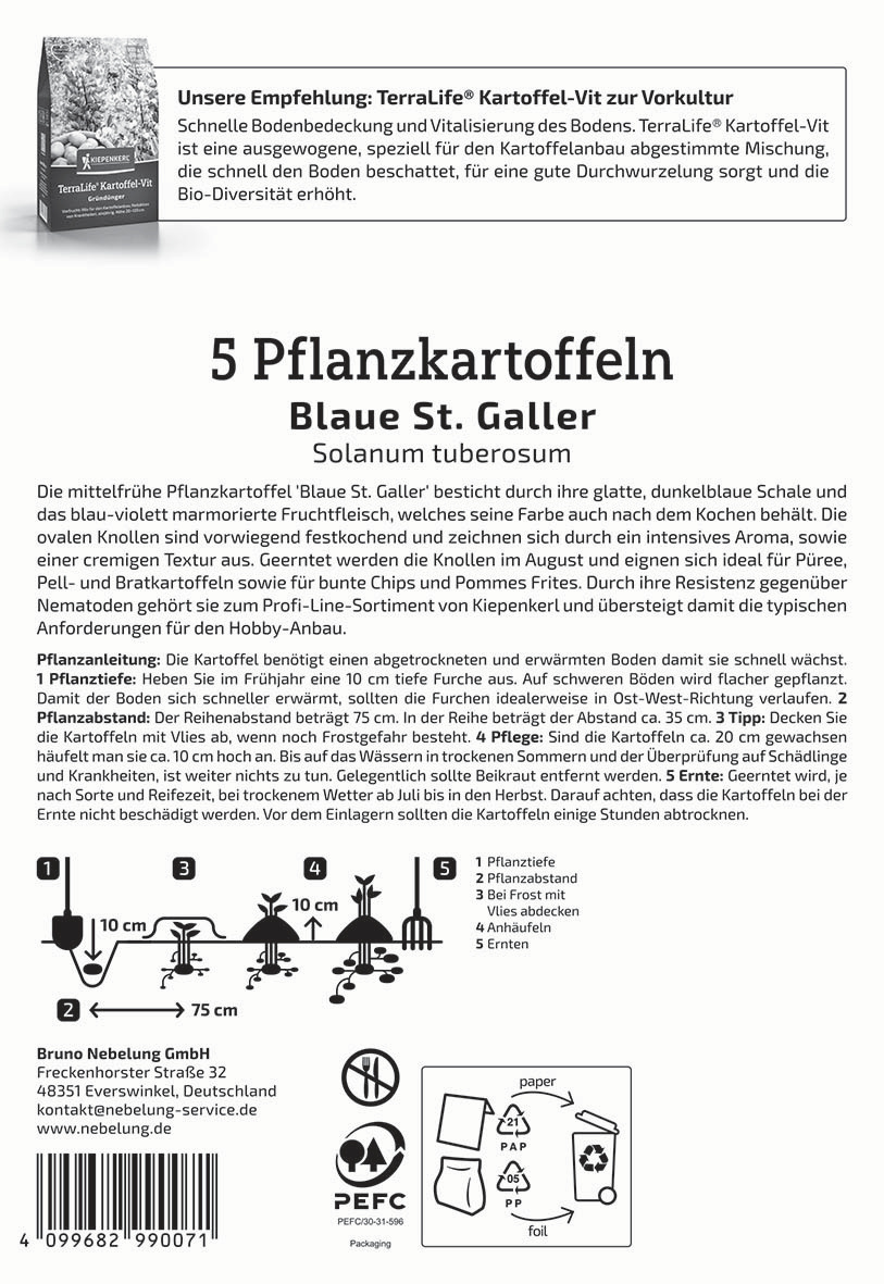 Text mit Anweisungen und Beschreibung zur Pflanzung von blauer St. Galler Kartoffeln.