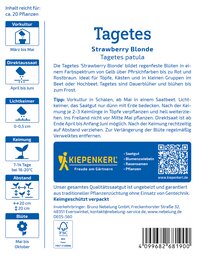Paket mit Tagetes Strawberry Blonde, mit Pflegehinweisen, QR-Code und Markenlogo auf blauer Packung.
