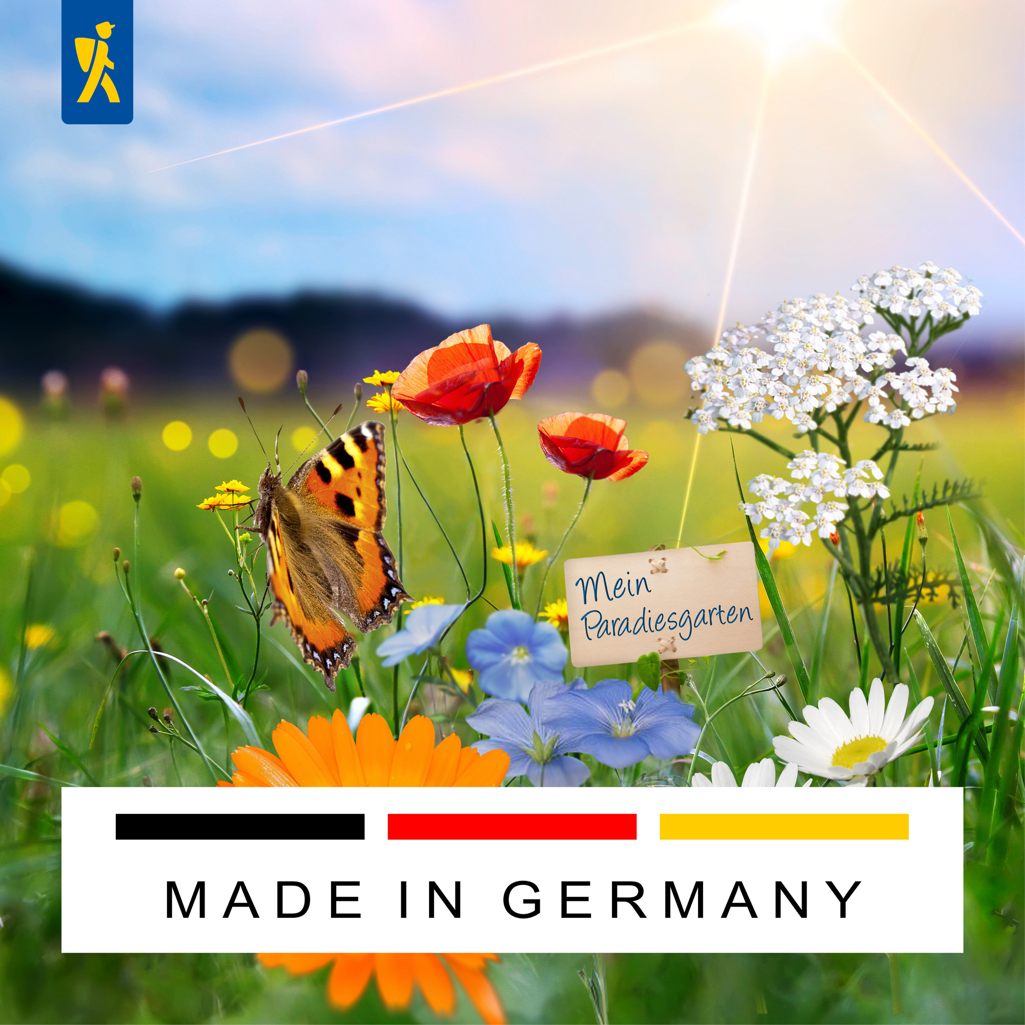 Bunte Blumen, Schmetterling, Handgeschriebene Karte mit "Mein Paradiesgarten", Blüten, Gras, blauer Himmel mit Sonnenstrahlen.