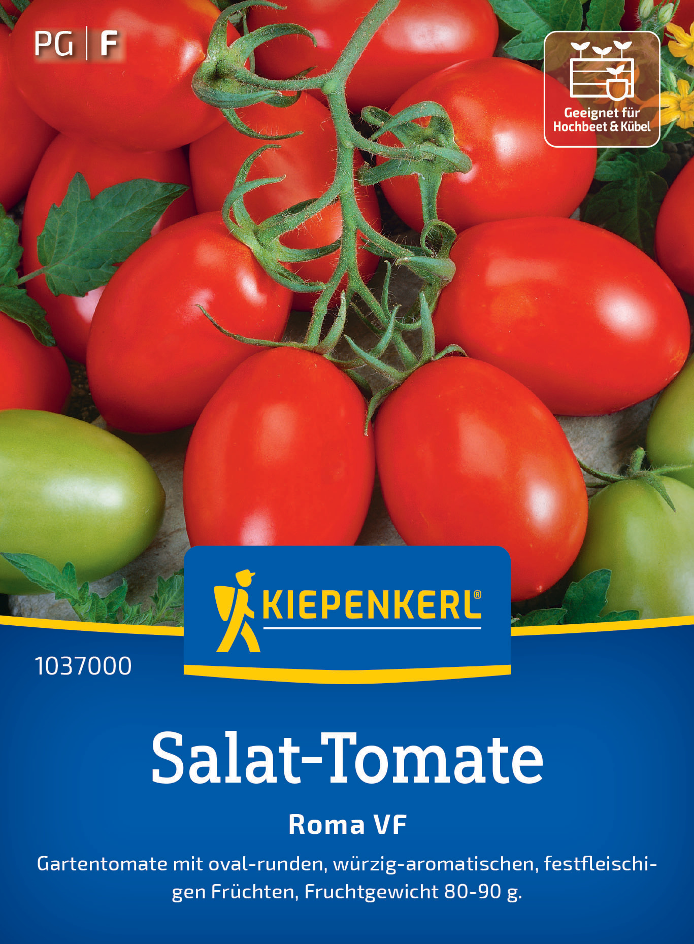 Rote und grüne Tomaten, grüne Blätter, Kiepenkerl Verpackung mit Produktinformationen.